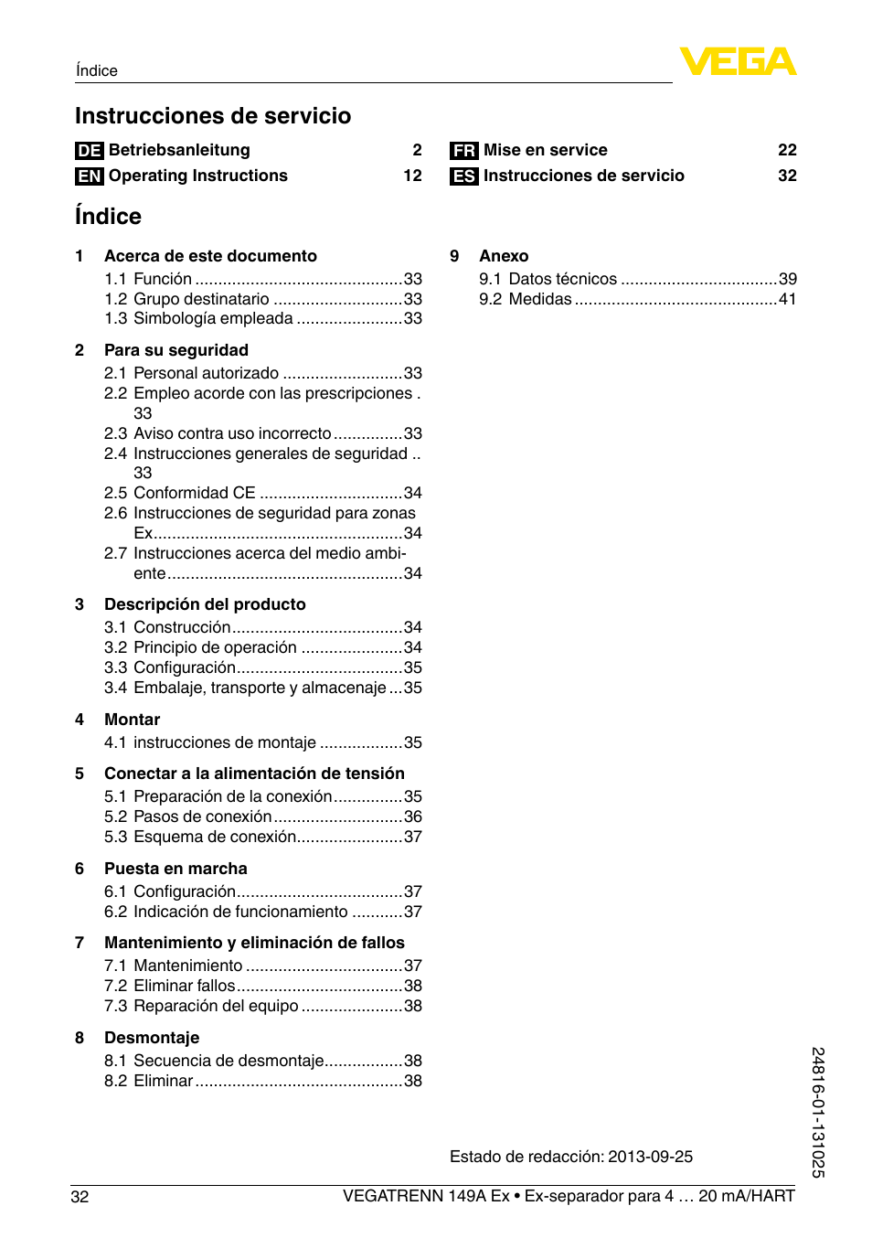 Instrucciones de servicio, Índice | VEGA VEGATRENN 149A Ex User Manual | Page 32 / 44