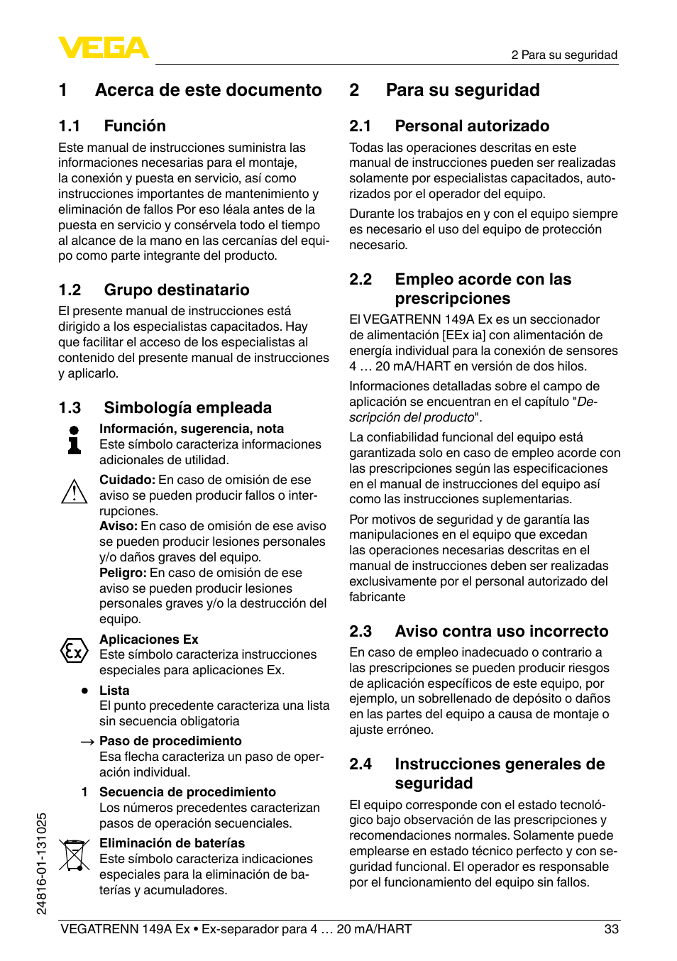 1 acerca de este documento, 2 para su seguridad | VEGA VEGATRENN 149A Ex User Manual | Page 33 / 44
