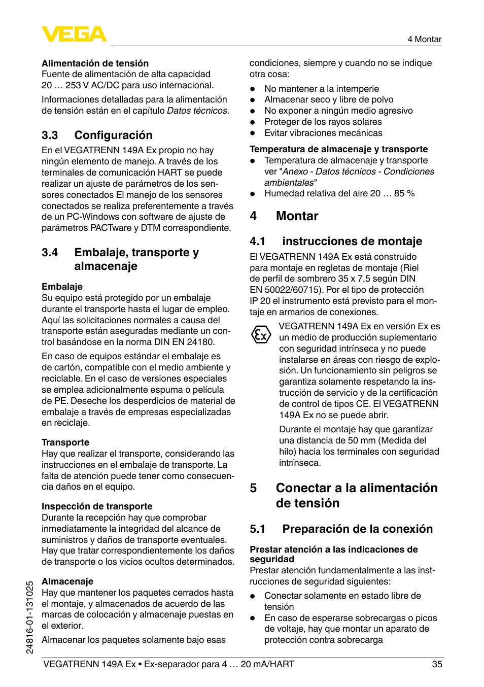 4 montar, 5 conectar a la alimentación de tensión | VEGA VEGATRENN 149A Ex User Manual | Page 35 / 44