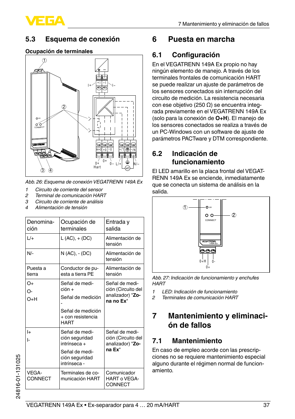 6 puesta en marcha, 7 mantenimiento y eliminaci- ón de fallos, 3 esquema de conexión | 1 configuración, 2 indicación de funcionamiento, 1 mantenimiento | VEGA VEGATRENN 149A Ex User Manual | Page 37 / 44