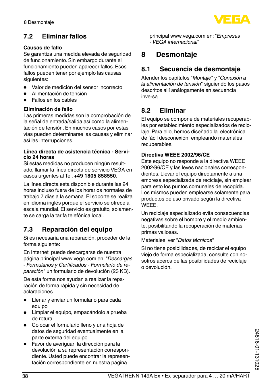 8 desmontaje | VEGA VEGATRENN 149A Ex User Manual | Page 38 / 44