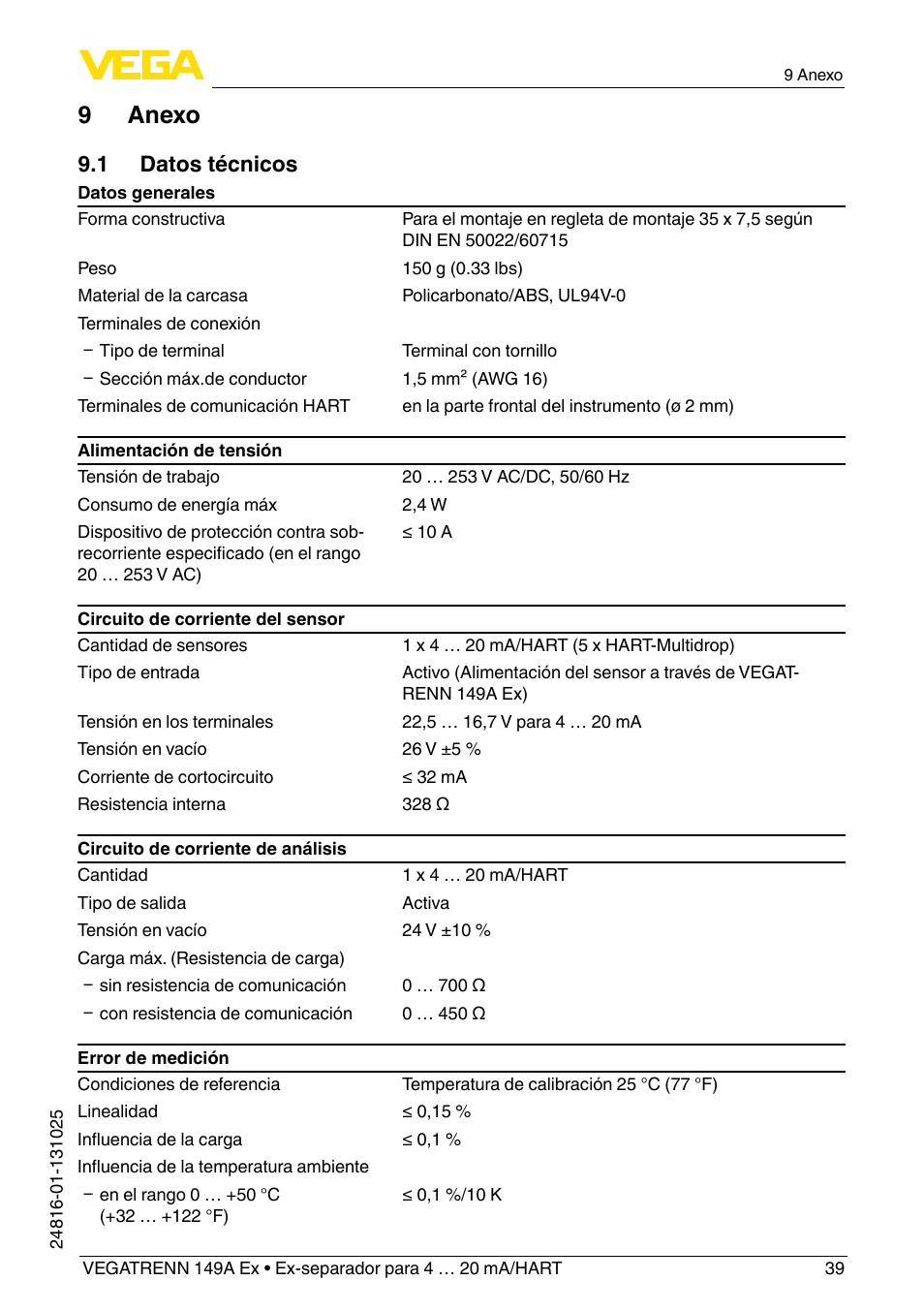 9 anexo, 1 datos técnicos | VEGA VEGATRENN 149A Ex User Manual | Page 39 / 44