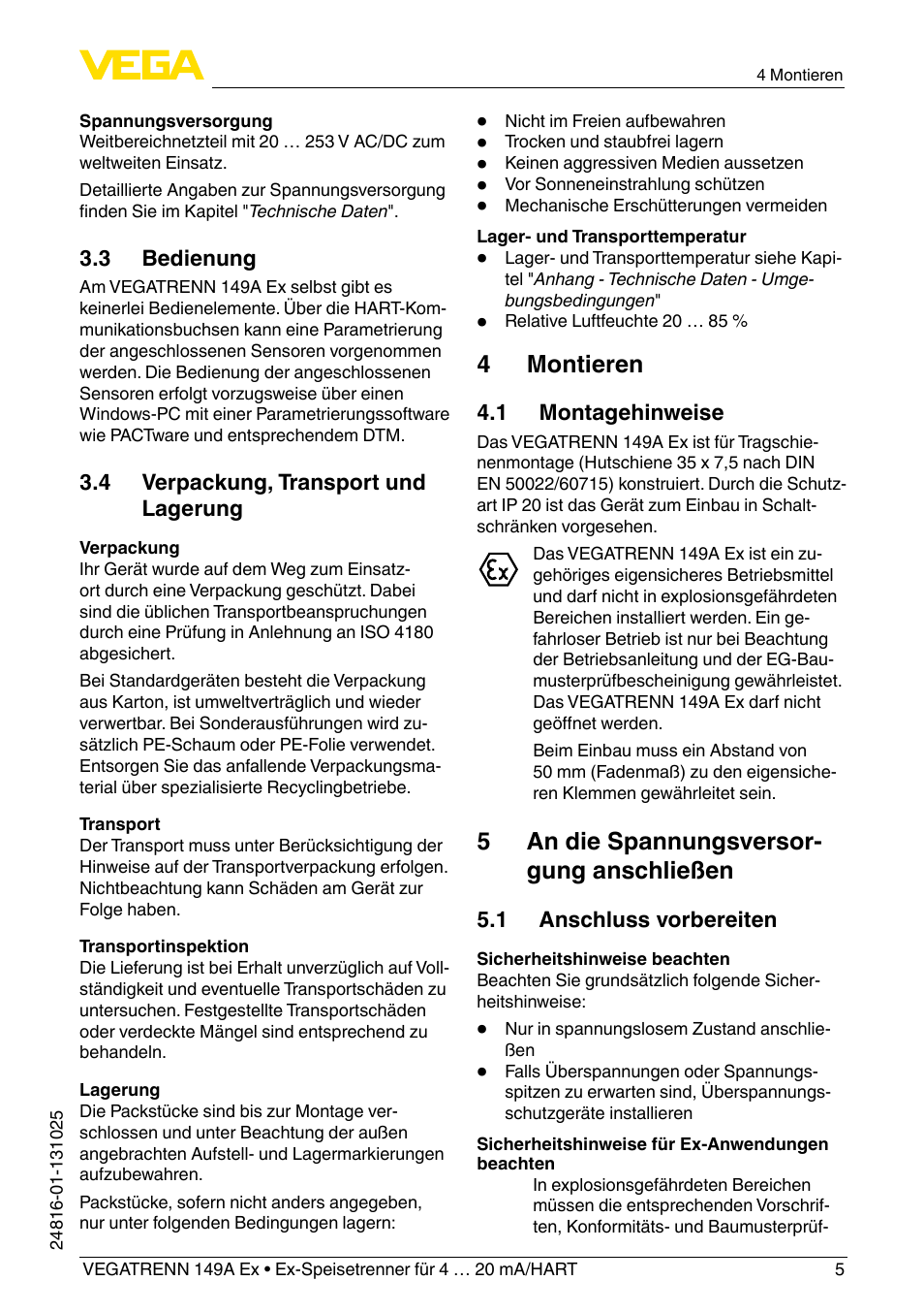 4 montieren, 5 an die spannungsversor- gung anschließen | VEGA VEGATRENN 149A Ex User Manual | Page 5 / 44