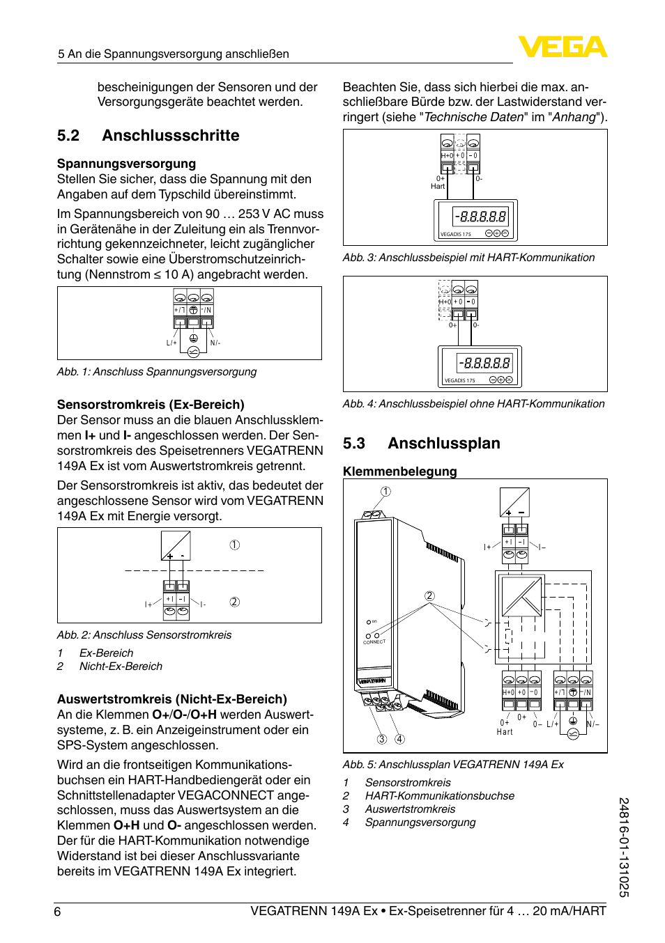 2 anschlussschritte, 3 anschlussplan, Klemmenbelegung | VEGA VEGATRENN 149A Ex User Manual | Page 6 / 44