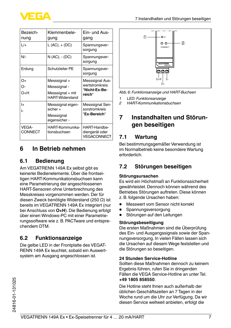 6 in betrieb nehmen, 7 instandhalten und störun- gen beseitigen, 1 bedienung | 2 funktionsanzeige, 1 wartung, 2 störungen beseitigen | VEGA VEGATRENN 149A Ex User Manual | Page 7 / 44