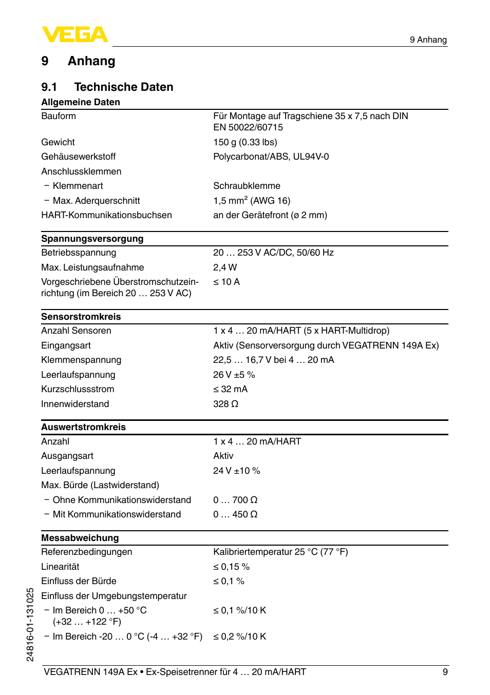9 anhang, 1 technische daten | VEGA VEGATRENN 149A Ex User Manual | Page 9 / 44