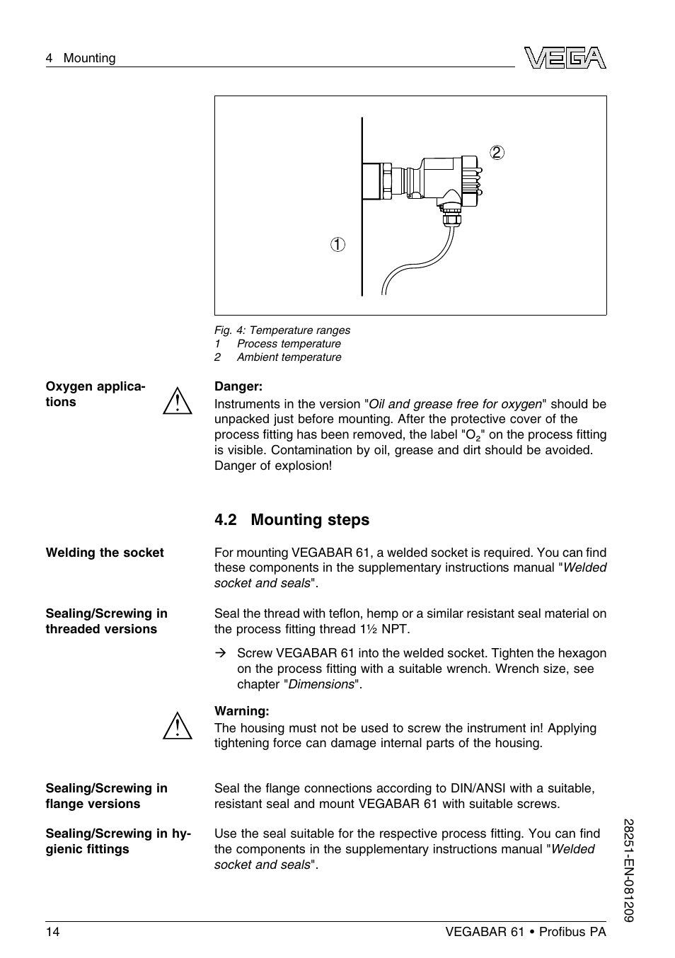 2 mounting steps | VEGA VEGABAR 61 Proﬁbus PA User Manual | Page 14 / 84