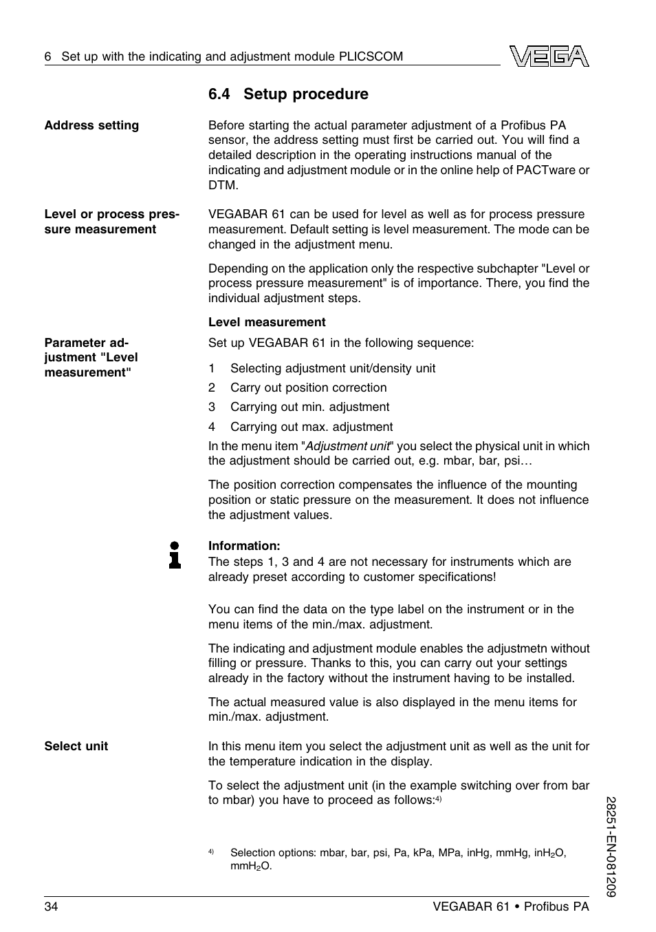 4 setup procedure | VEGA VEGABAR 61 Proﬁbus PA User Manual | Page 34 / 84