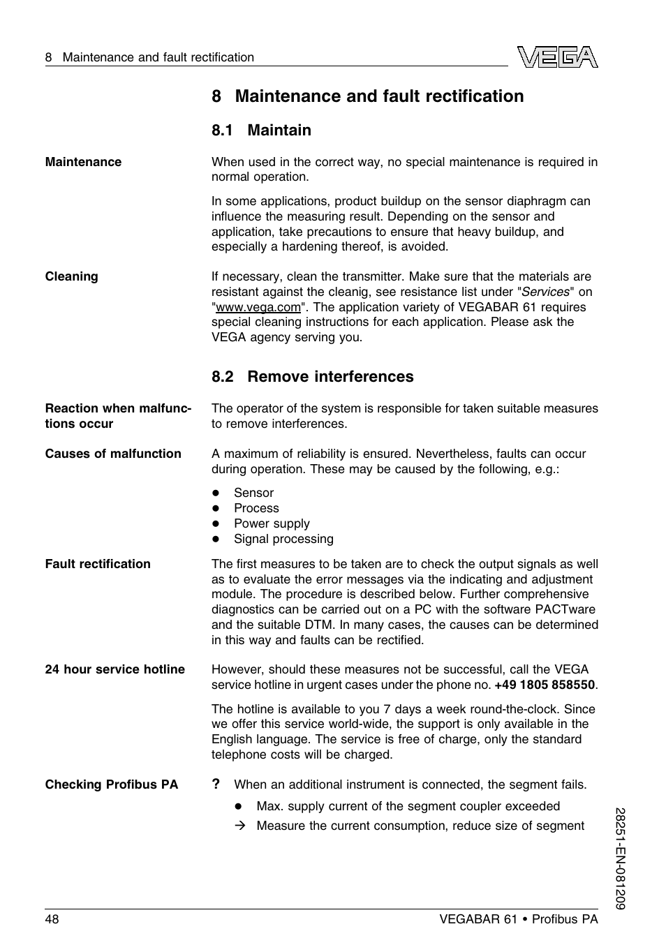 8 maintenance and fault rectification, 1 maintain, 2 remove interferences | 8 maintenance and fault rectiﬁcation | VEGA VEGABAR 61 Proﬁbus PA User Manual | Page 48 / 84