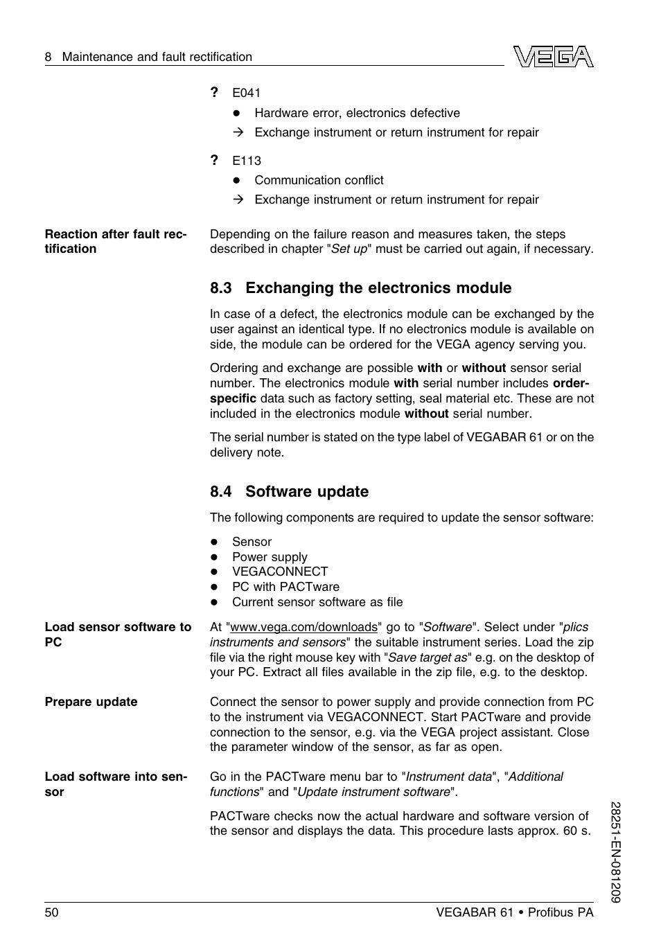 3 exchanging the electronics module, 4 software update | VEGA VEGABAR 61 Proﬁbus PA User Manual | Page 50 / 84