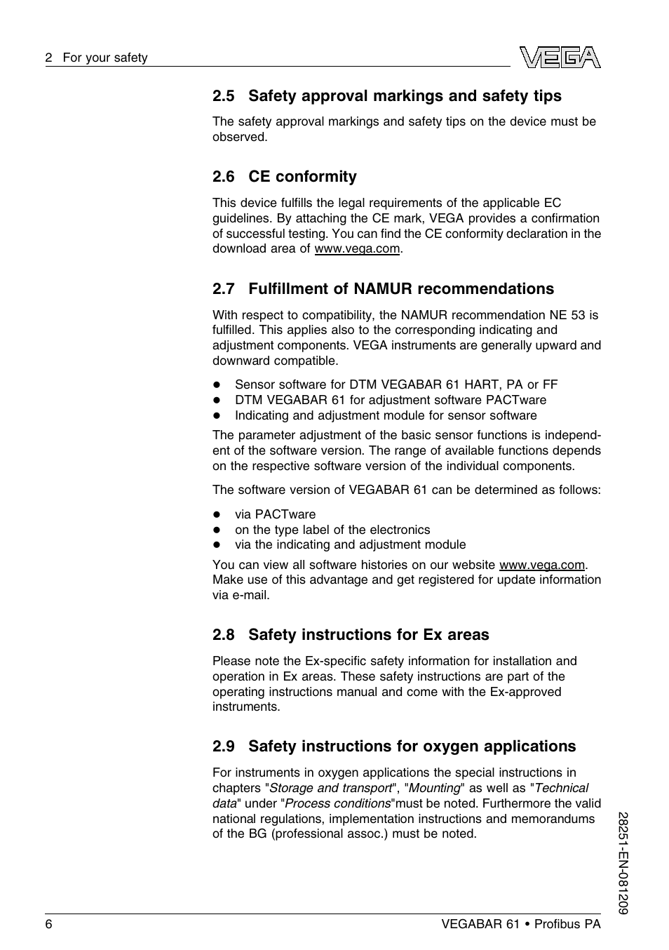 5 safety approval markings and safety tips, 6 ce conformity, 7 fulfillment of namur recommendations | 8 safety instructions for ex areas, 9 safety instructions for oxygen applications, 7 fulﬁllment of namur recommendations | VEGA VEGABAR 61 Proﬁbus PA User Manual | Page 6 / 84
