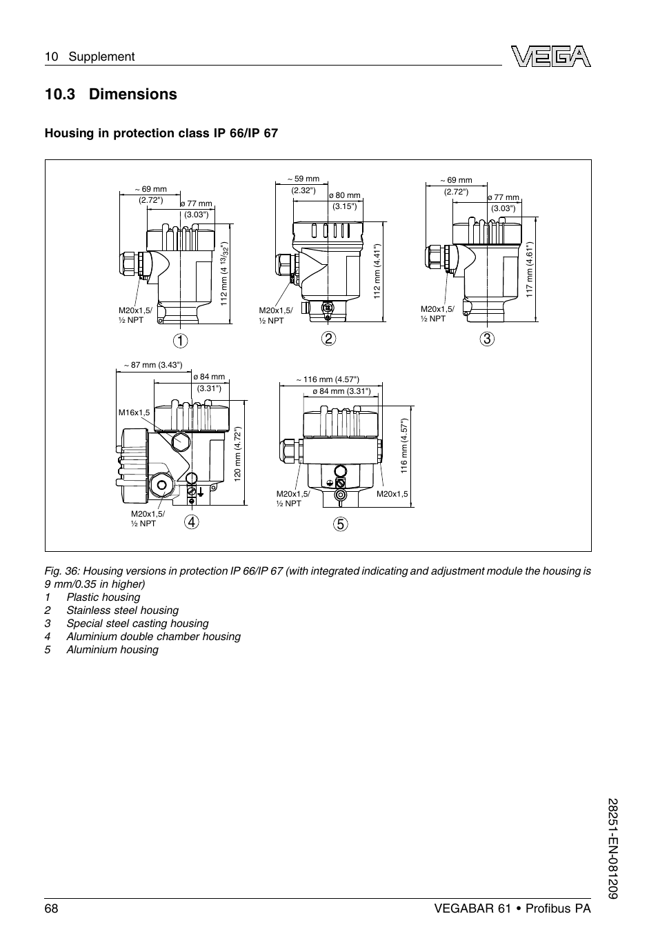 3 dimensions, Housing in protection class ip 66/ip 67 | VEGA VEGABAR 61 Proﬁbus PA User Manual | Page 68 / 84