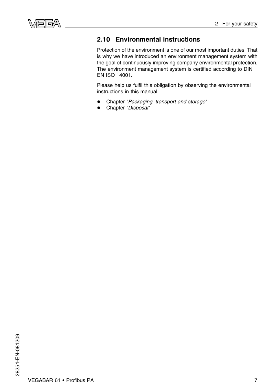 10 environmental instructions | VEGA VEGABAR 61 Proﬁbus PA User Manual | Page 7 / 84