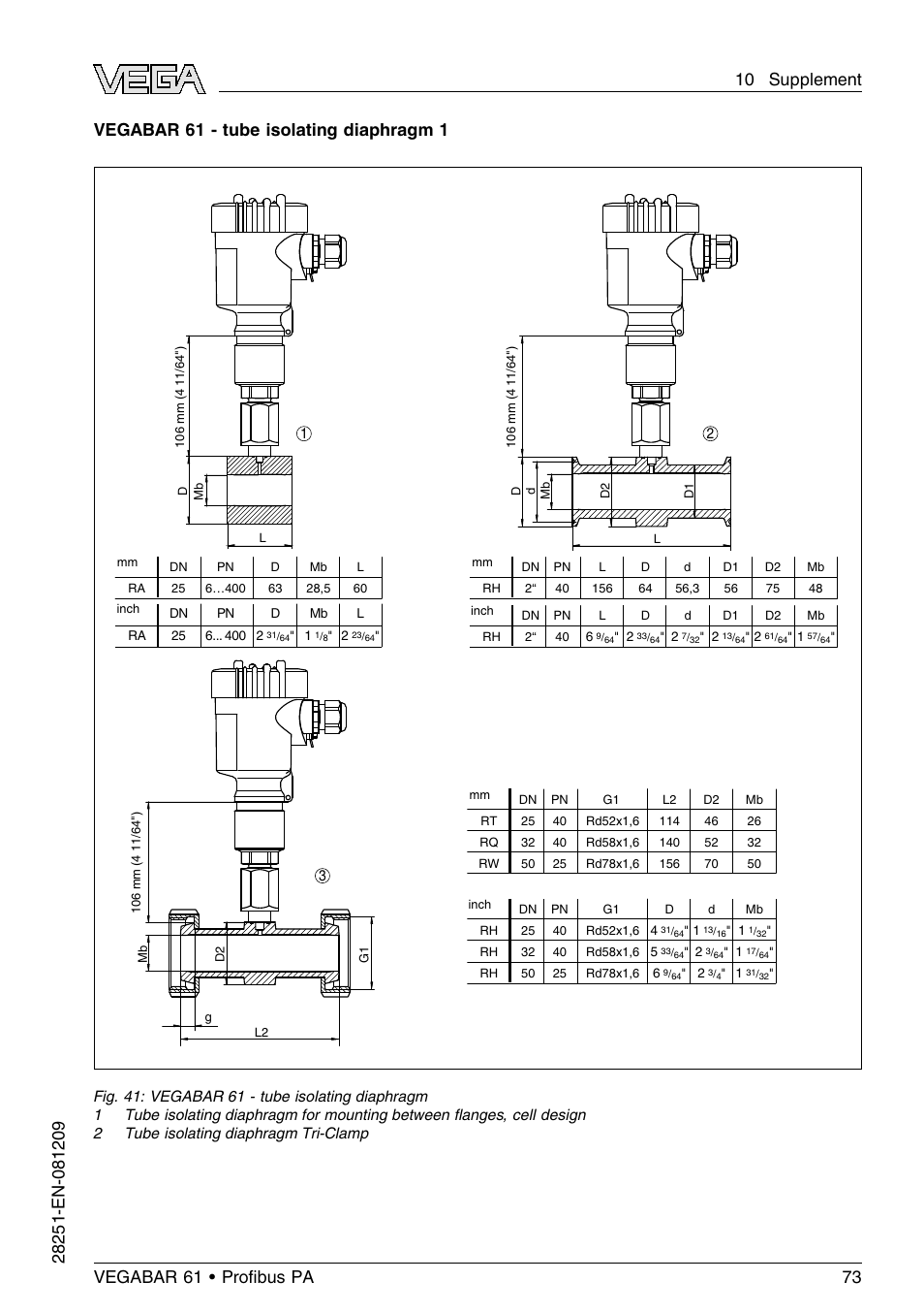 Vegabar 61 - tube isolating diaphragm 1 | VEGA VEGABAR 61 Proﬁbus PA User Manual | Page 73 / 84