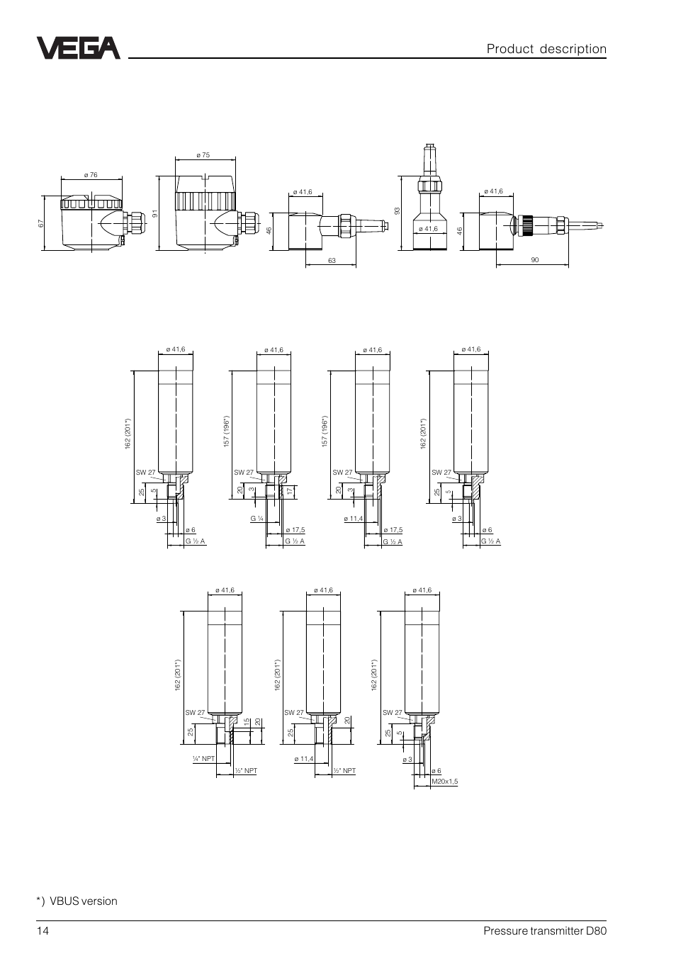 7 dimensions, Process fittings d80, Housing product description | 14 pressure transmitter d80, Vbus version | VEGA D80 Hydrostatic pressure transmitters User Manual | Page 14 / 40