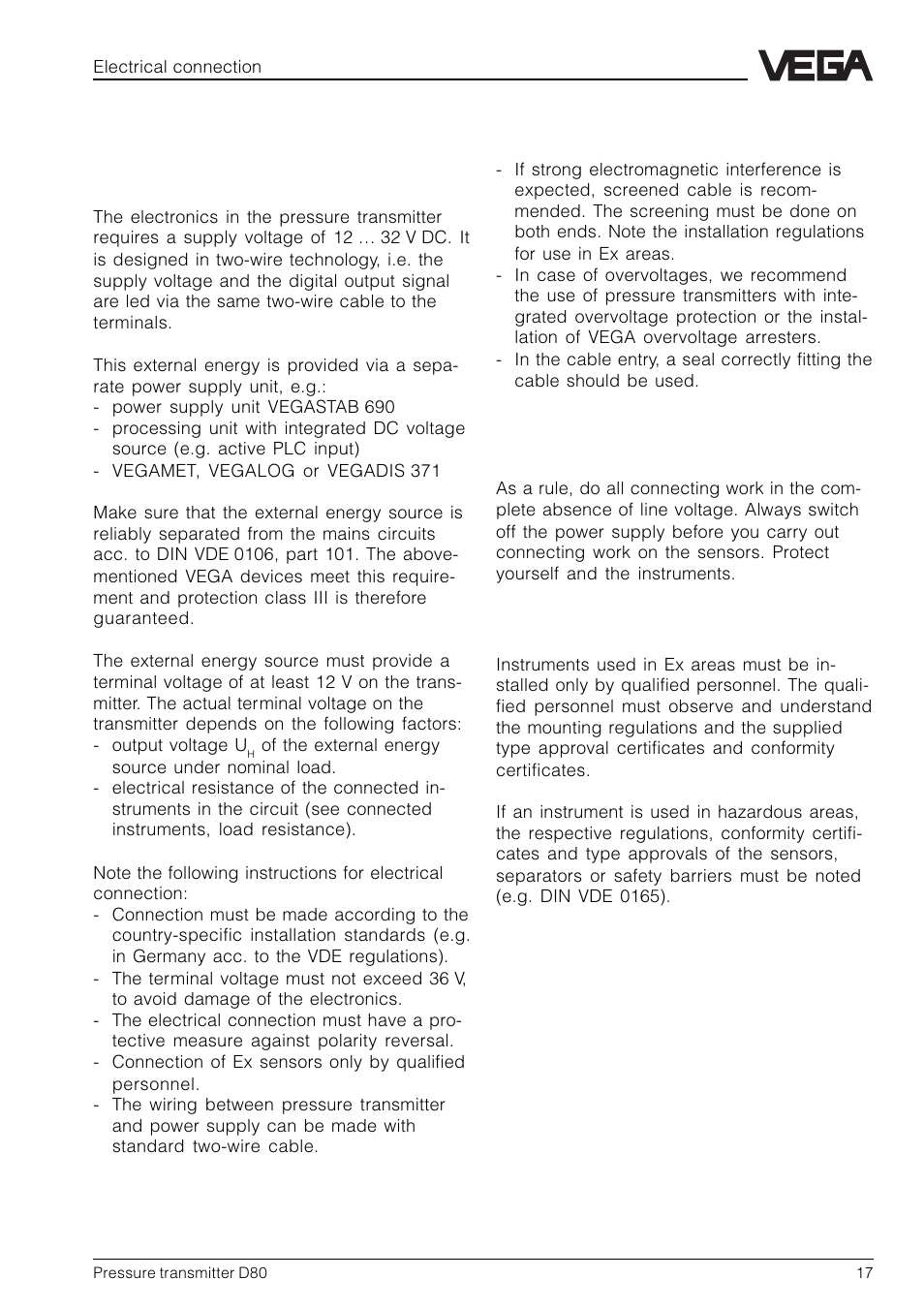 3 electrical connection, 1 connection instructions | VEGA D80 Hydrostatic pressure transmitters User Manual | Page 17 / 40