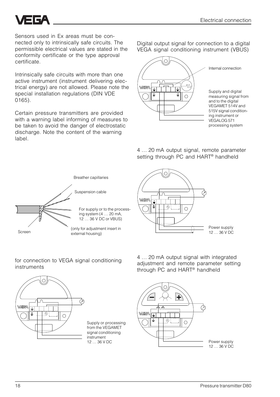 2 terminal assignment, 20ma, Electronics version k | Electronics version i, Electronics version a, Electronics version b, Handheld, Direct cable outlet | VEGA D80 Hydrostatic pressure transmitters User Manual | Page 18 / 40