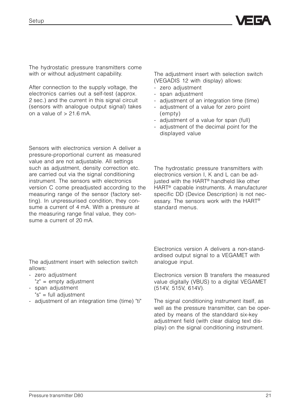 4 setup, 1 adjustment structure | VEGA D80 Hydrostatic pressure transmitters User Manual | Page 21 / 40