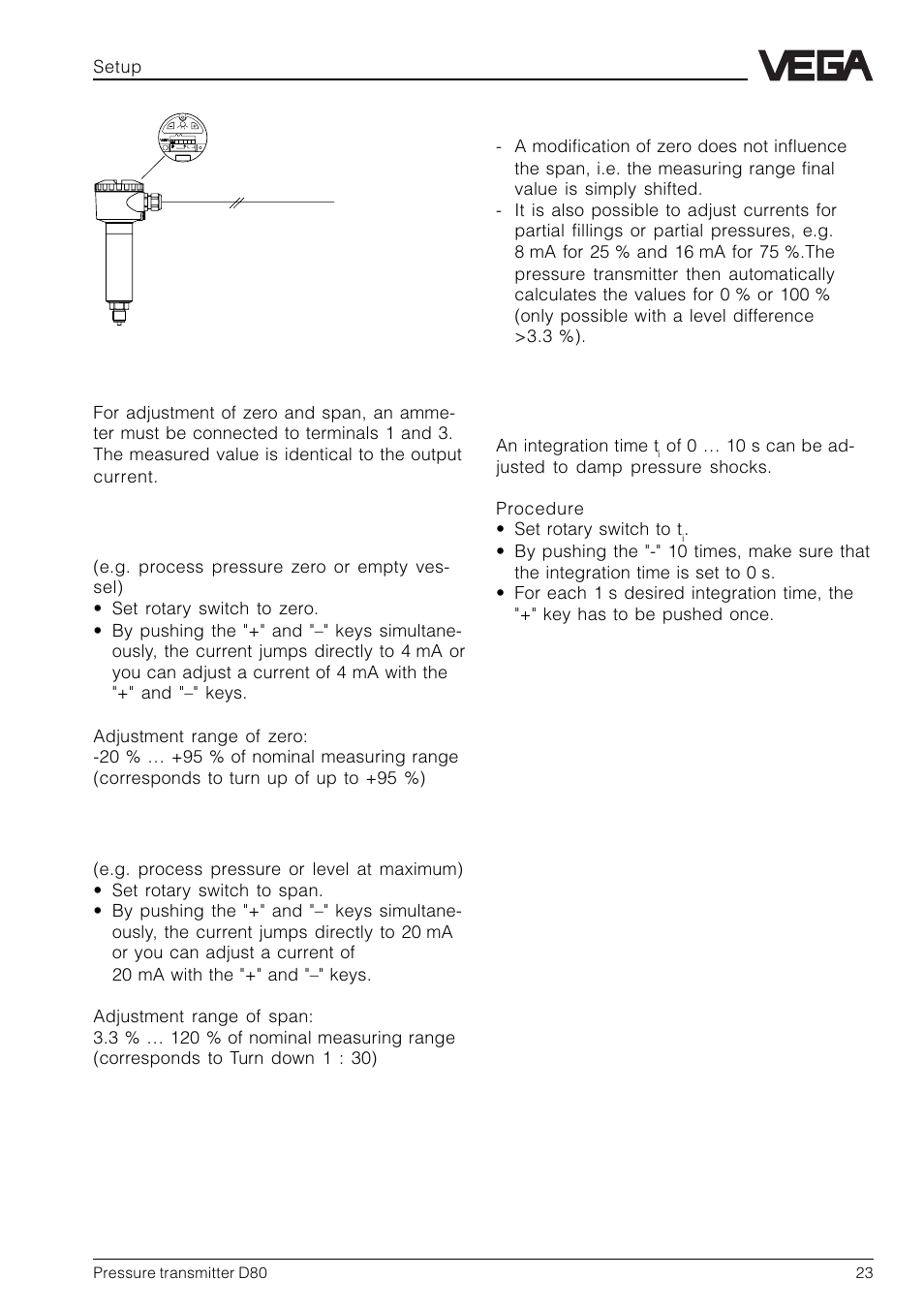 Adjustment, Integration time, Setup | An integration time t | VEGA D80 Hydrostatic pressure transmitters User Manual | Page 23 / 40
