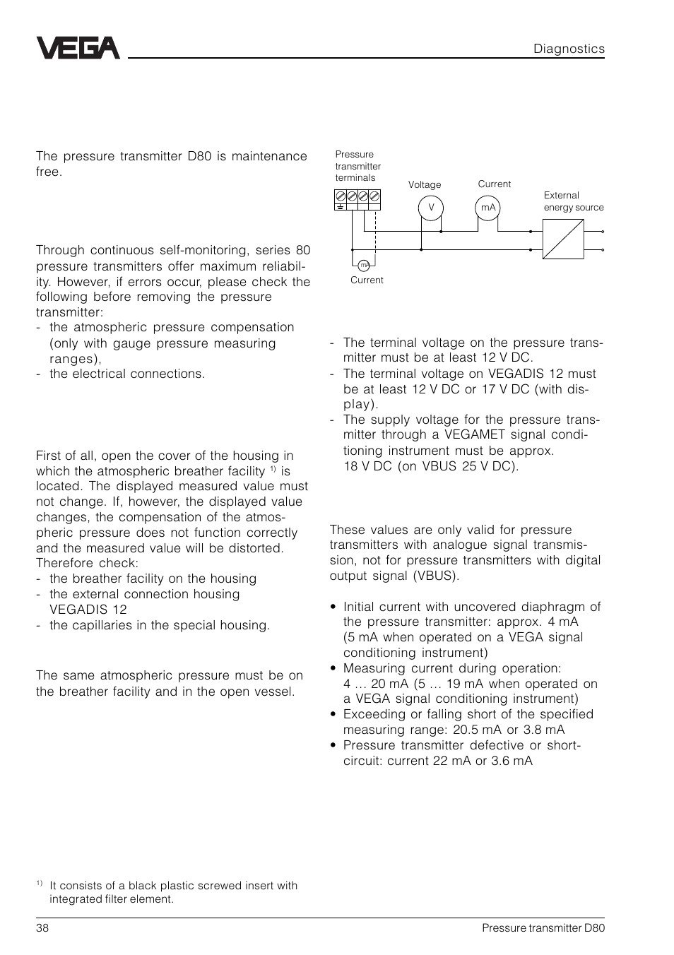 6 diagnostics, Maintenance, Error rectification | Checking electrical connections, Checking the voltage, Checking the current | VEGA D80 Hydrostatic pressure transmitters User Manual | Page 38 / 40