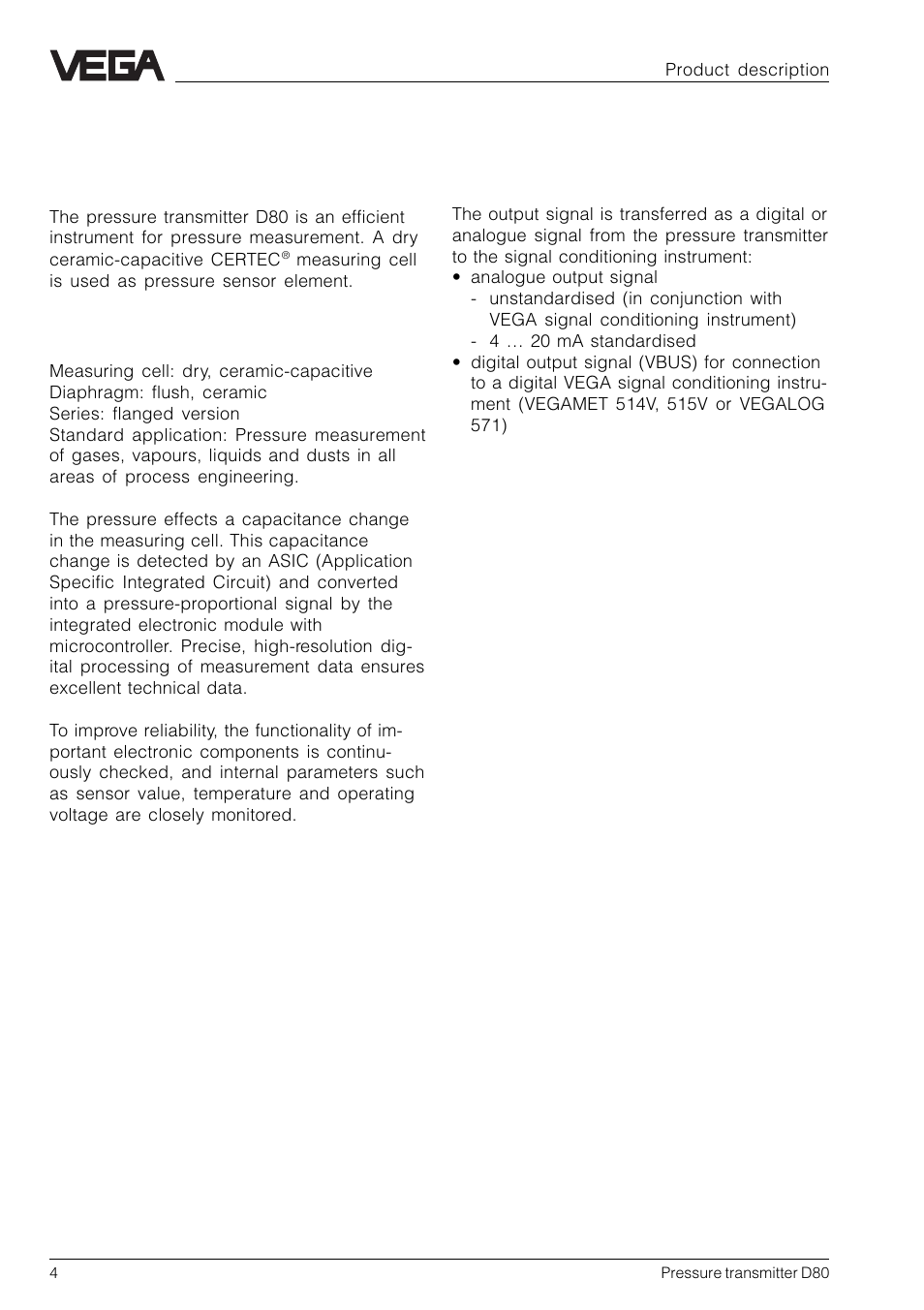 1 product description, 1 function and configuration | VEGA D80 Hydrostatic pressure transmitters User Manual | Page 4 / 40