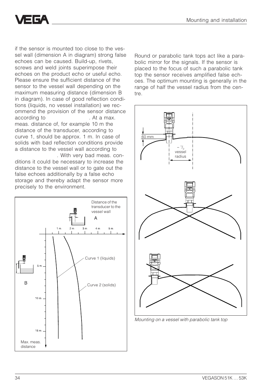 Sensor too close to the vessel wall | VEGA VEGASON 51K…53K User Manual | Page 34 / 52