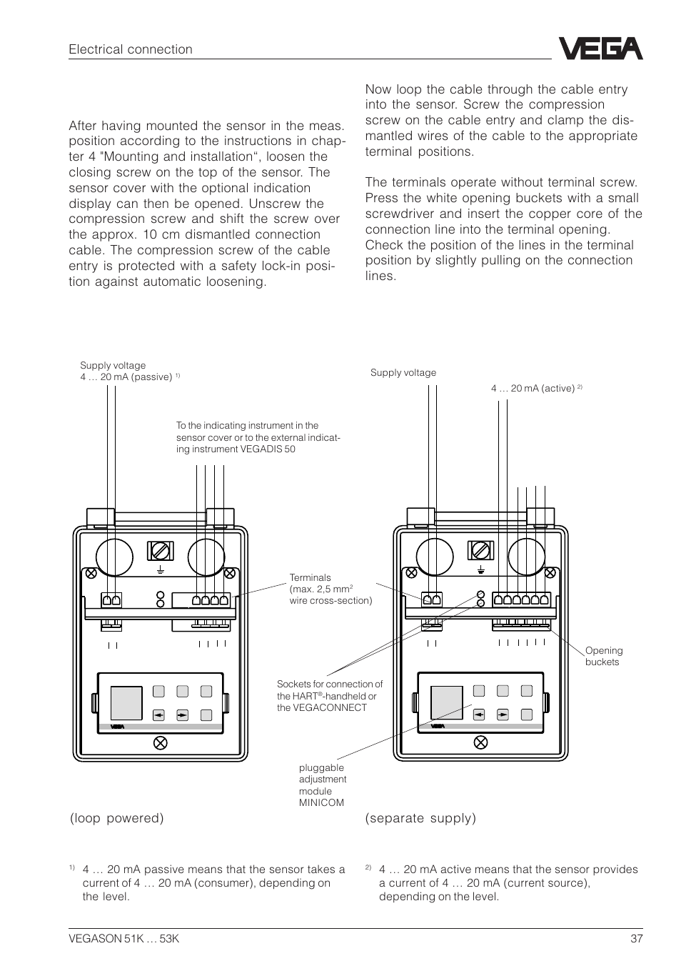 2 connection of the sensor, Two-wire technology, Four-wire technology | Electrical connection, Loop powered), Separate supply) | VEGA VEGASON 51K…53K User Manual | Page 37 / 52