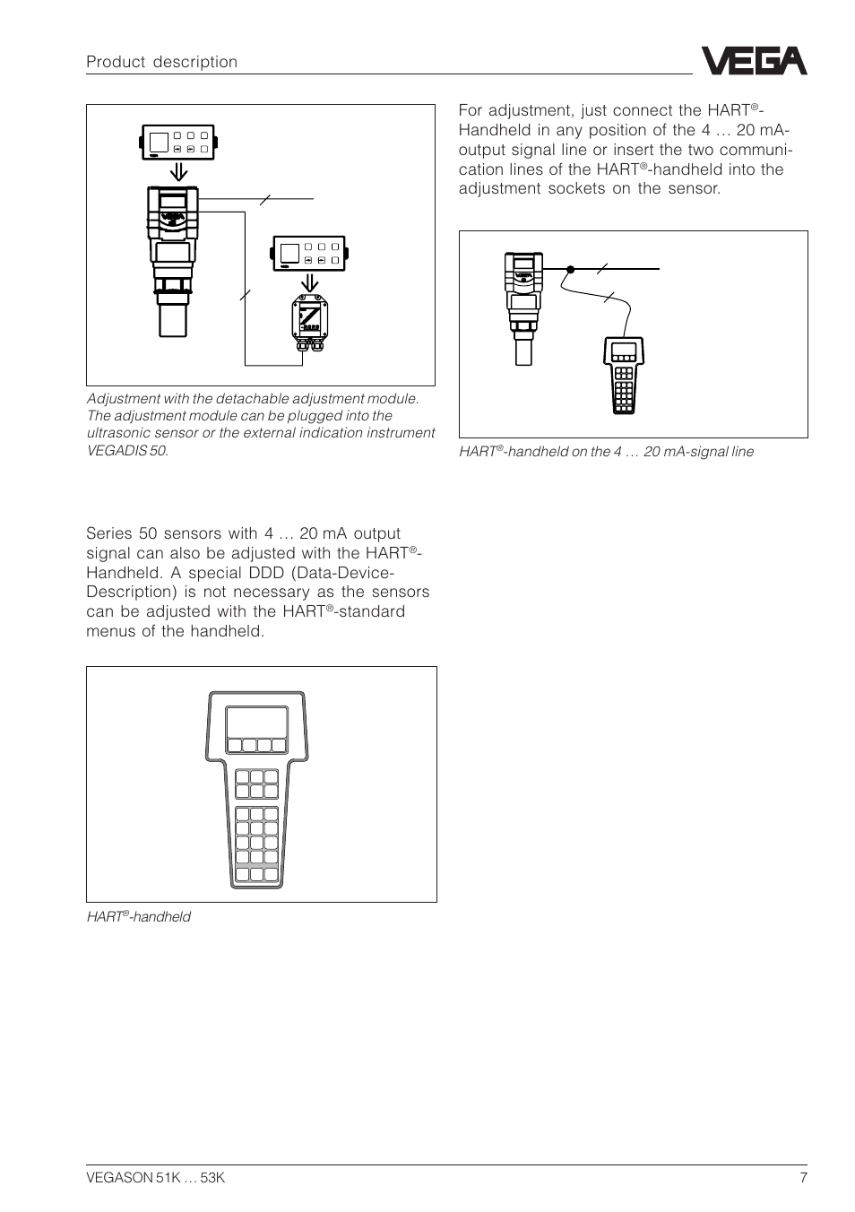 Adjustment with hart, Handheld, Product description | Handheld into the adjustment sockets on the sensor | VEGA VEGASON 51K…53K User Manual | Page 7 / 52