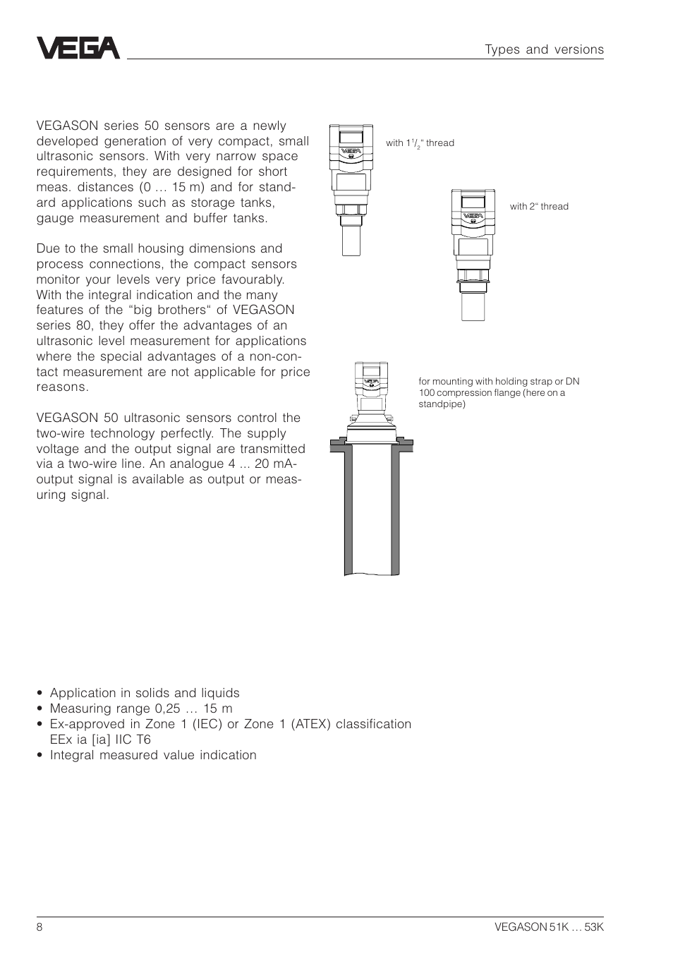 2 types and versions, 1 type survey, General features | VEGA VEGASON 51K…53K User Manual | Page 8 / 52