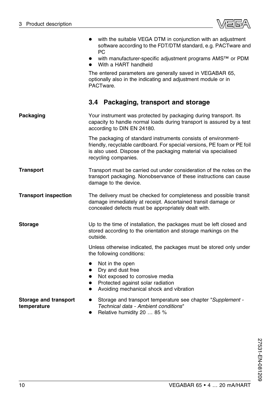 4 packaging, transport and storage | VEGA VEGABAR 65 4 … 20 mA_HART User Manual | Page 10 / 76