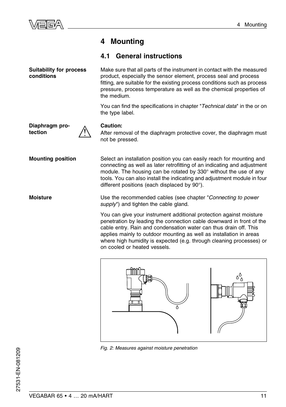 4 mounting, 1 general instructions | VEGA VEGABAR 65 4 … 20 mA_HART User Manual | Page 11 / 76