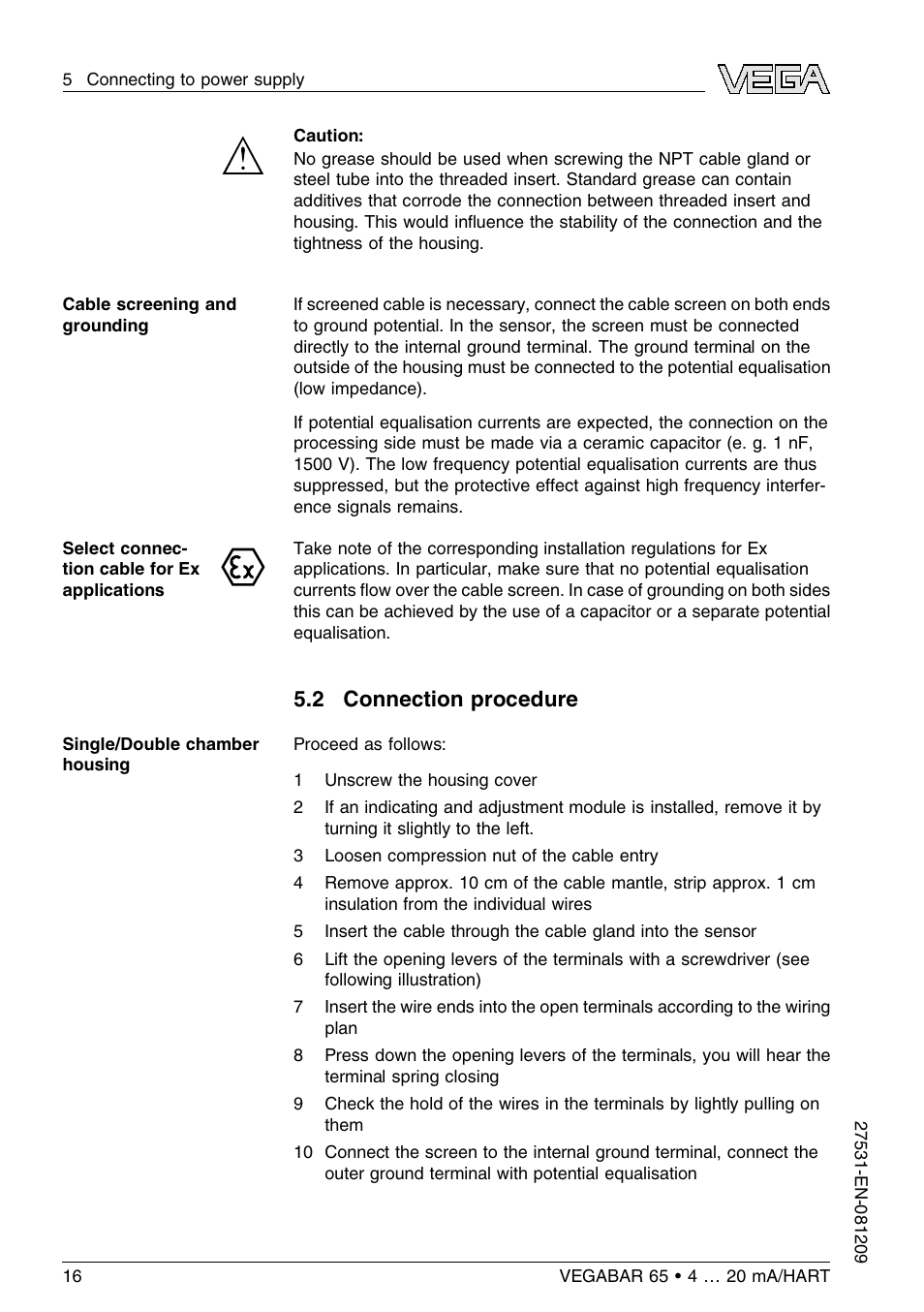 2 connection procedure | VEGA VEGABAR 65 4 … 20 mA_HART User Manual | Page 16 / 76
