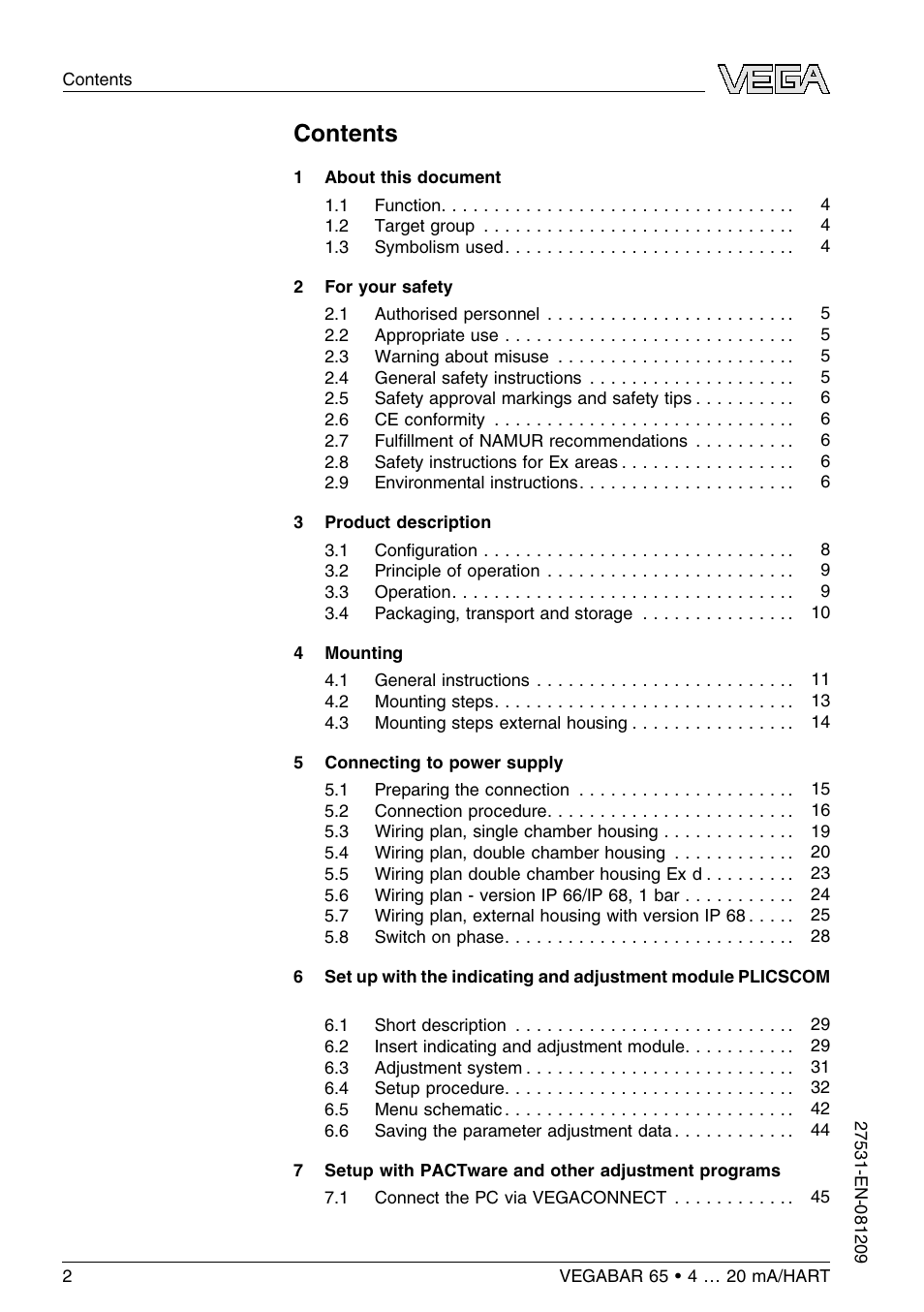 VEGA VEGABAR 65 4 … 20 mA_HART User Manual | Page 2 / 76