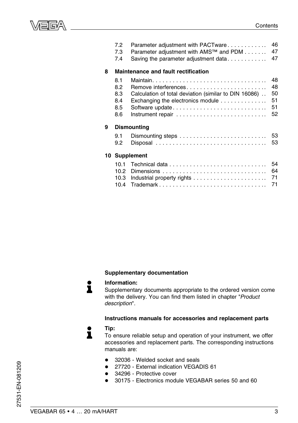 VEGA VEGABAR 65 4 … 20 mA_HART User Manual | Page 3 / 76