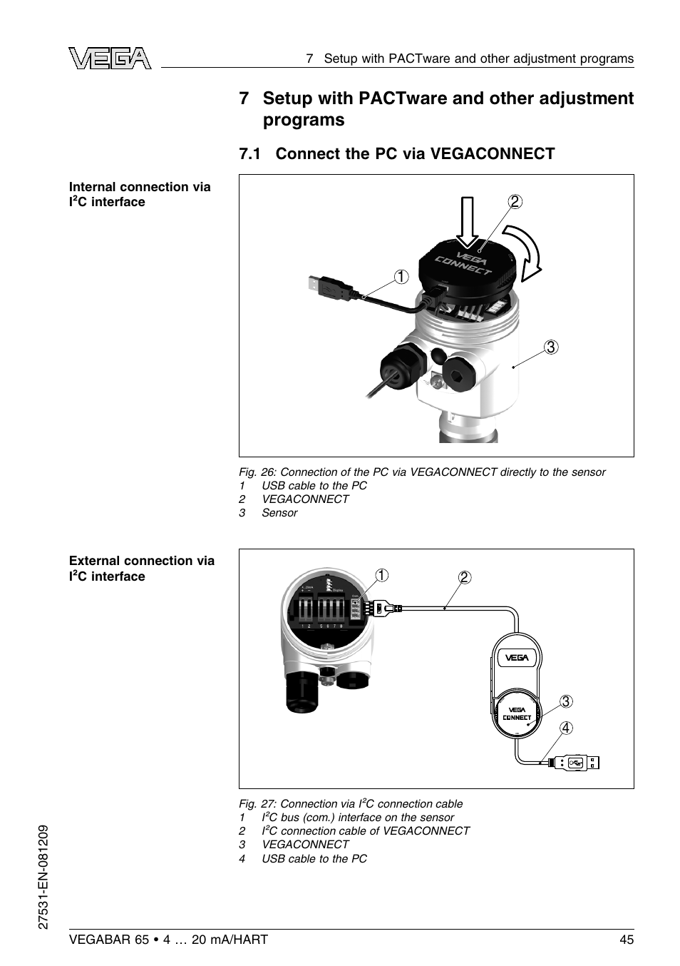 1 connect the pc via vegaconnect, 1 connect the pc via vegaconnect 3 1 2 | VEGA VEGABAR 65 4 … 20 mA_HART User Manual | Page 45 / 76