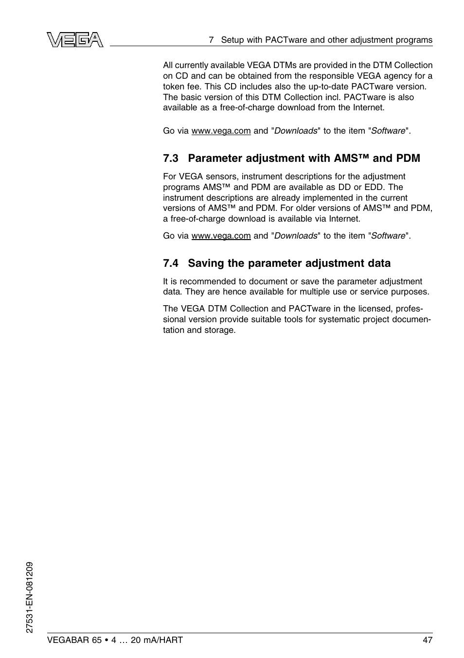 3 parameter adjustment with ams™ and pdm, 4 saving the parameter adjustment data | VEGA VEGABAR 65 4 … 20 mA_HART User Manual | Page 47 / 76