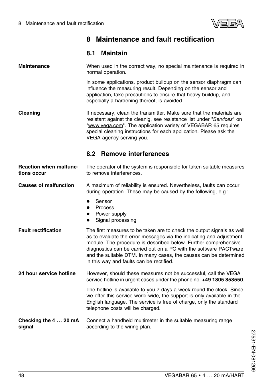 8 maintenance and fault rectification, 1 maintain, 2 remove interferences | 8 maintenance and fault rectiﬁcation | VEGA VEGABAR 65 4 … 20 mA_HART User Manual | Page 48 / 76