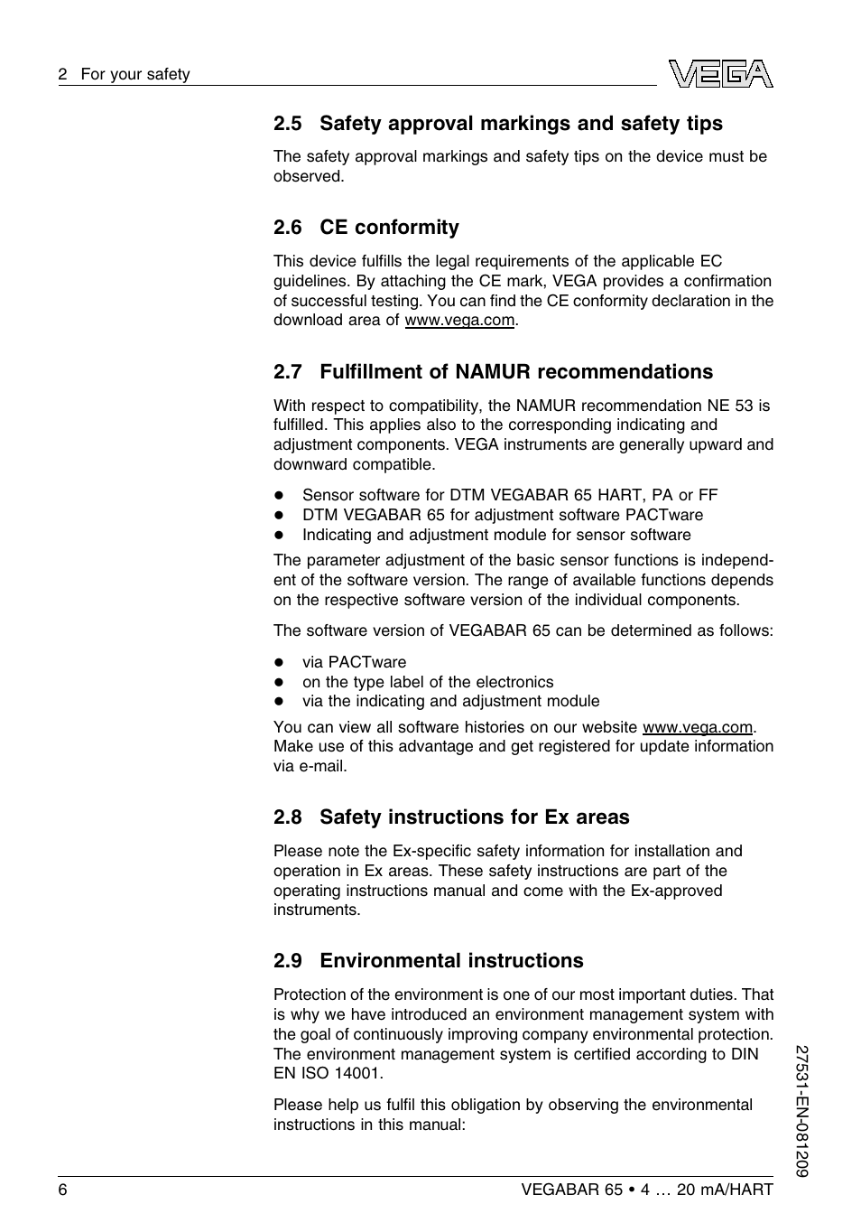 5 safety approval markings and safety tips, 6 ce conformity, 7 fulfillment of namur recommendations | 8 safety instructions for ex areas, 9 environmental instructions, 7 fulﬁllment of namur recommendations | VEGA VEGABAR 65 4 … 20 mA_HART User Manual | Page 6 / 76