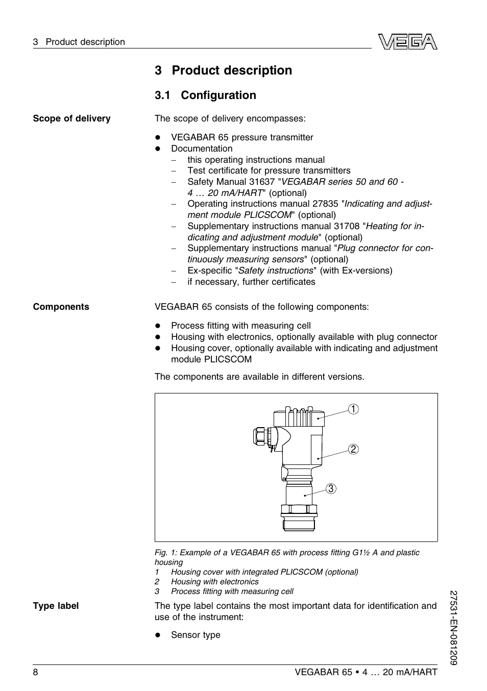 3 product description, 1 configuration, 1 conﬁguration | VEGA VEGABAR 65 4 … 20 mA_HART User Manual | Page 8 / 76