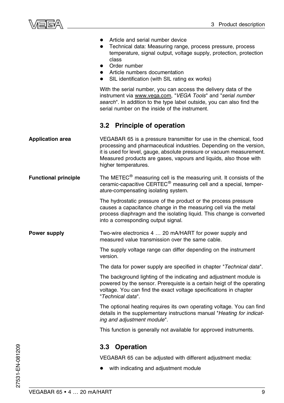 2 principle of operation, 3 operation | VEGA VEGABAR 65 4 … 20 mA_HART User Manual | Page 9 / 76