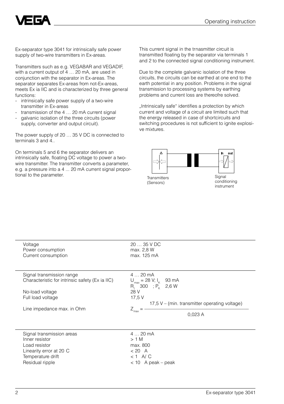 Application and function, Technical data and dimensions | VEGA 3041 Ex-separator User Manual | Page 2 / 4