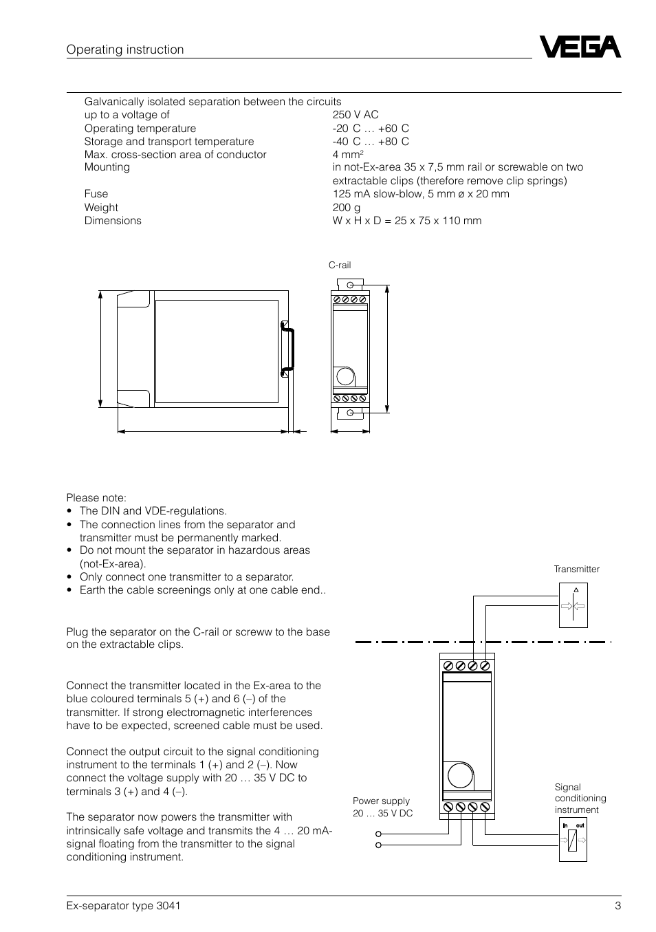 Mounting and electrical connection, Operating instruction, Mounting | Connection | VEGA 3041 Ex-separator User Manual | Page 3 / 4