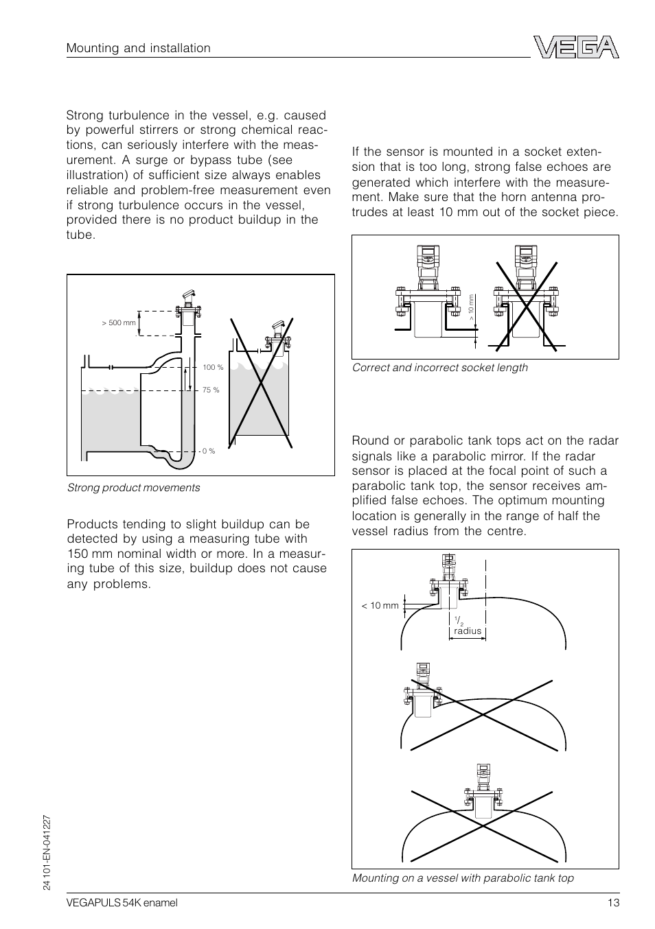 4 common installation mistakes, Socket piece too long, Parabolic effects on dished or arched vessel tops | VEGA VEGAPULS 54K enamel User Manual | Page 13 / 56