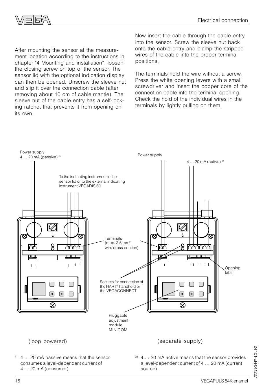 2 connecting the sensor, Version with plastic housing, Electrical connection | VEGA VEGAPULS 54K enamel User Manual | Page 16 / 56