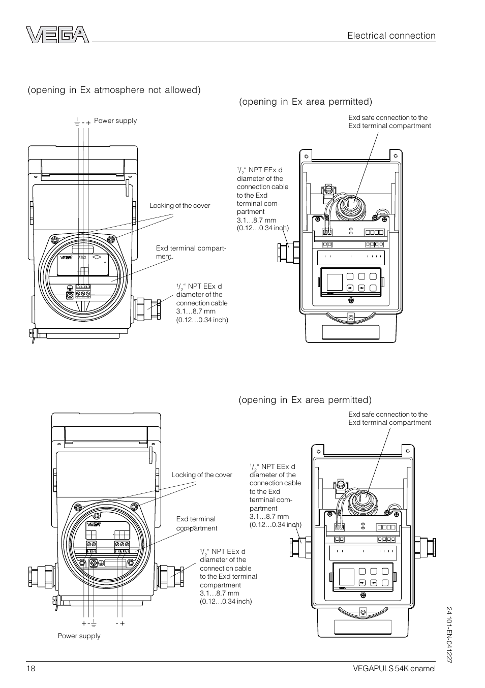 Electrical connection, 18 vegapuls 54k enamel, 4 ma | Power supply, Exd terminal compart- ment, Locking of the cover, Exd terminal compartment | VEGA VEGAPULS 54K enamel User Manual | Page 18 / 56