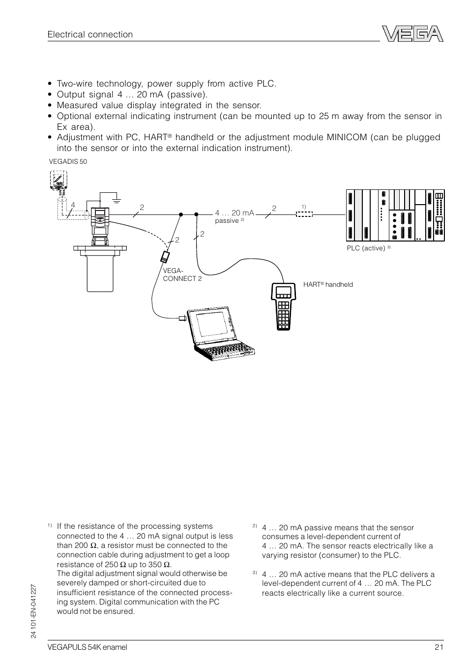 Measuring system with vegapuls 54k on active plc, Electrical connection | VEGA VEGAPULS 54K enamel User Manual | Page 21 / 56