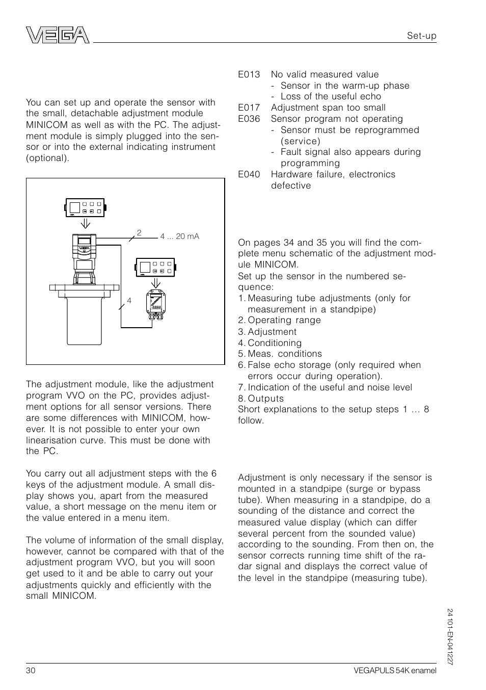 3 adjustment with adjustment module minicom, Adjustment steps, Measurement in a standpipe | Set-up | VEGA VEGAPULS 54K enamel User Manual | Page 30 / 56