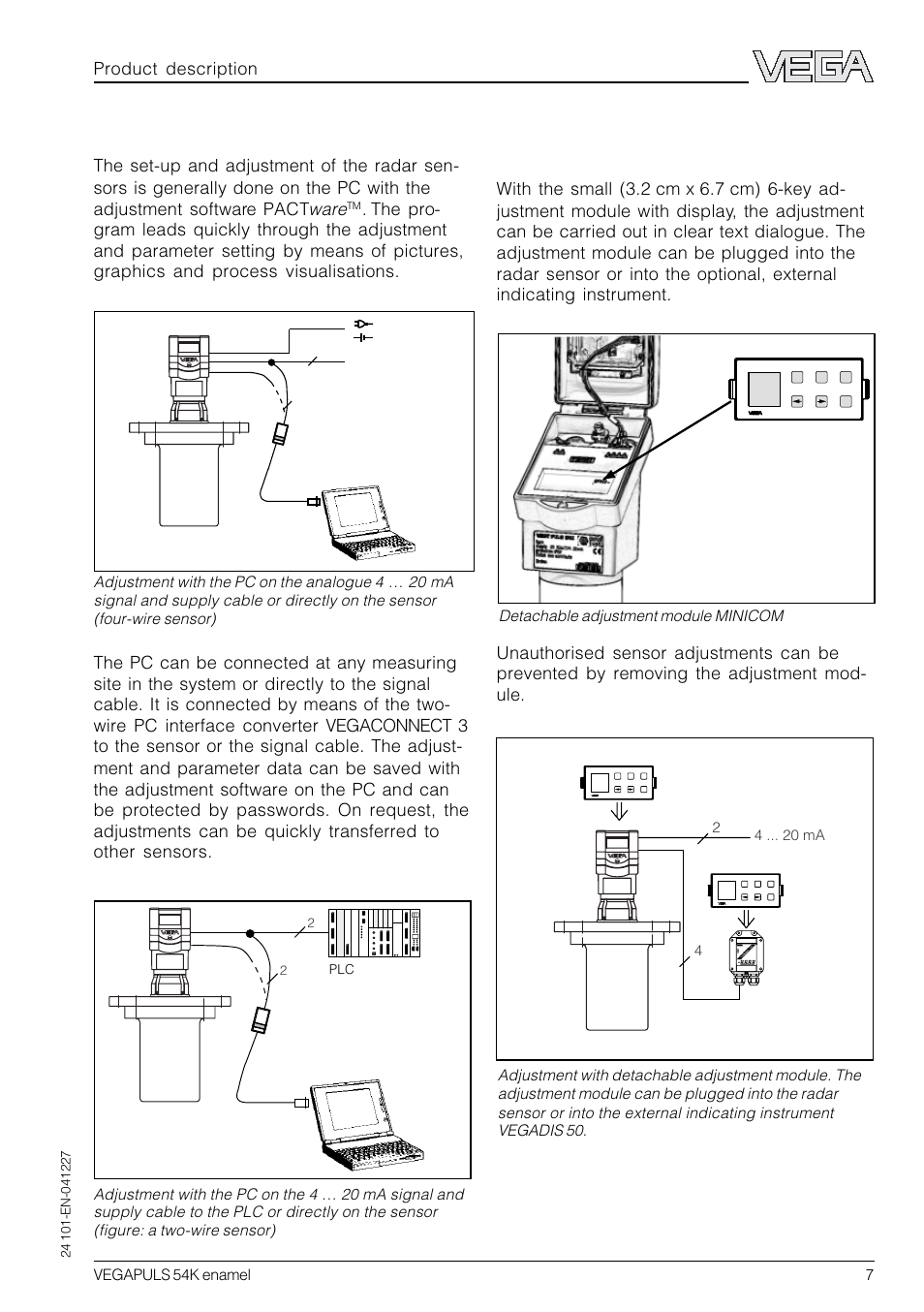 Adjustment with the adjustment module minicom, Adjustment with the pc | VEGA VEGAPULS 54K enamel User Manual | Page 7 / 56