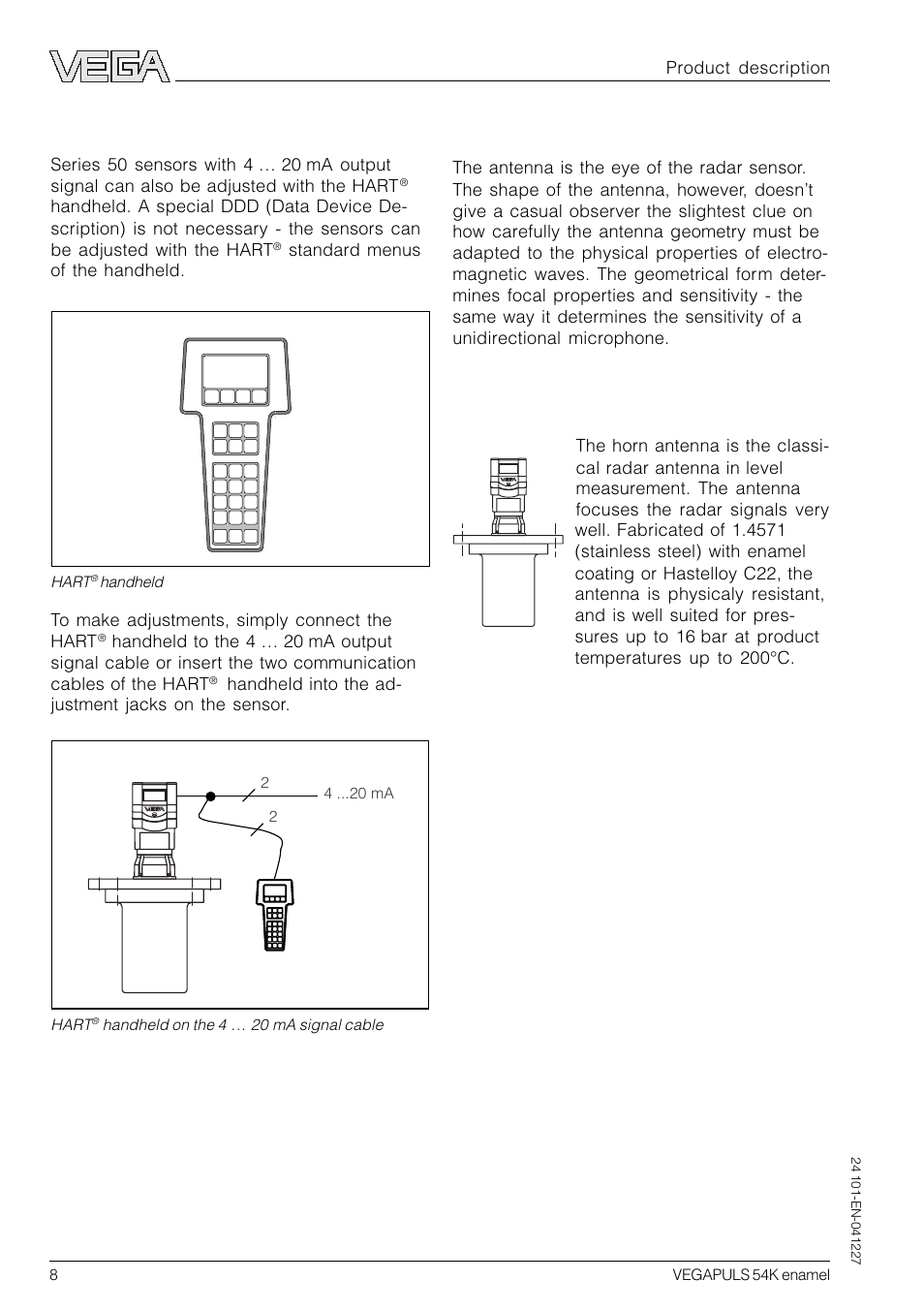 4 antennas, Horn antennas, Adjustment with the hart | Handheld | VEGA VEGAPULS 54K enamel User Manual | Page 8 / 56