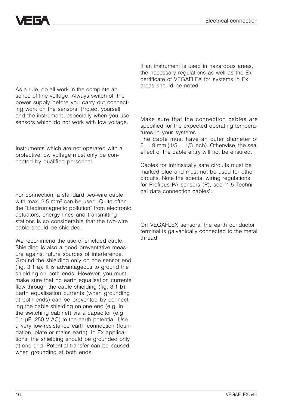 3 electrical connection, 1 connection and connection cable, 1 connection and connection ca- ble | VEGA VEGAFLEX 54K User Manual | Page 16 / 36